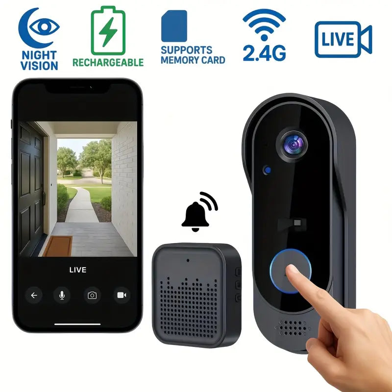 Sonnette Vidéo Wi-Fi 2.4G Rechargeable – Caméra Grand Angle 125°, Vision Nocturne, Audio Bidirectionnel, Carte Mémoire