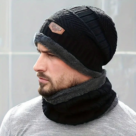 Ensemble bonnet et écharpe tube homme – Tricot chaud doublé polaire pour hiver
