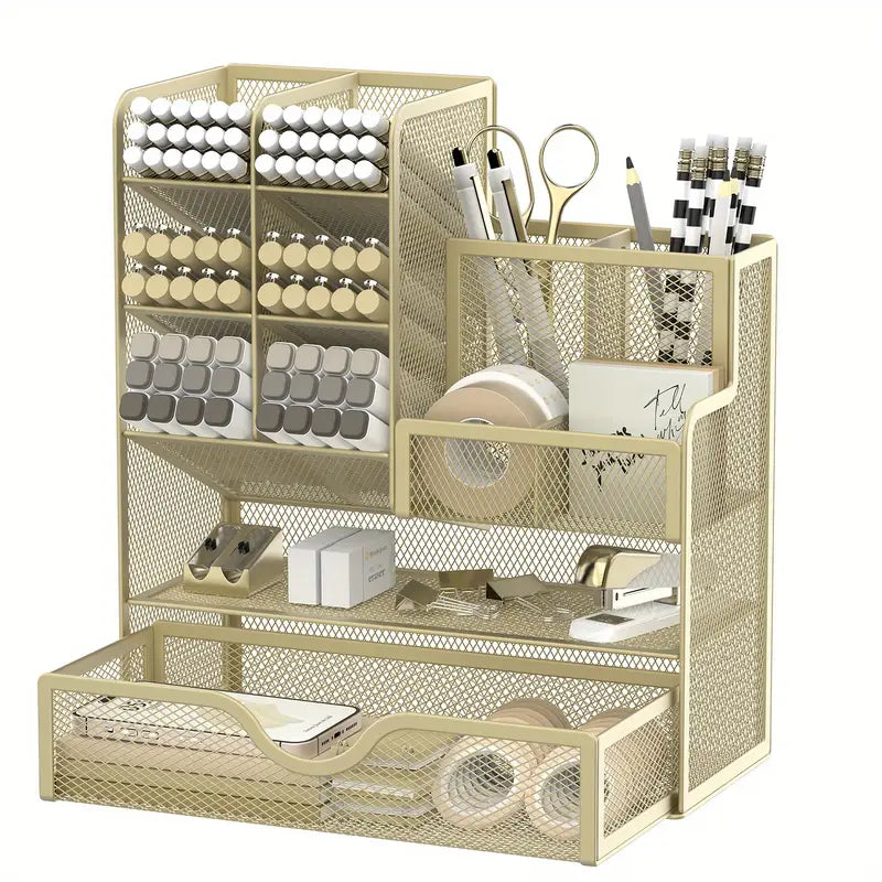 Organisateur de bureau en métal doré à plusieurs compartiments – Rangement élégant pour stylos, fournitures et accessoires