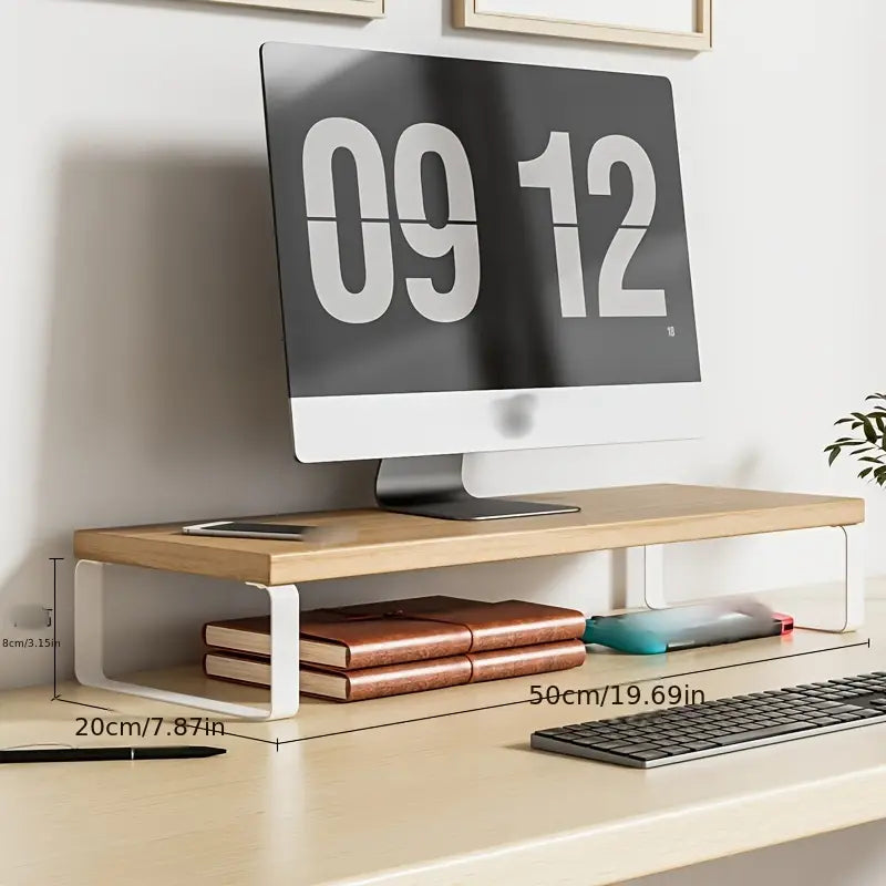 Support écran de bureau en bois avec structure métal – Rehausseur moniteur 50 cm avec rangement intégré pour une meilleure posture