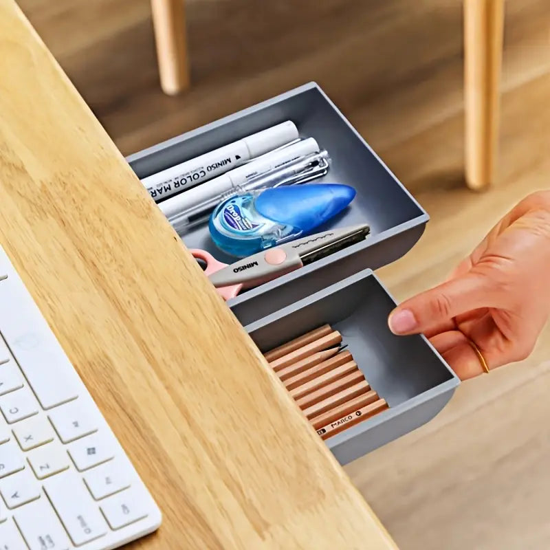 Tiroir coulissant adhésif sous bureau – Rangement discret auto-collant pour stylos, accessoires et fournitures