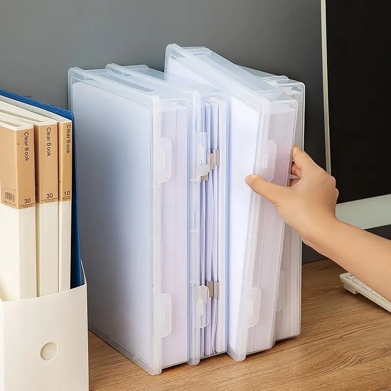 Boîte de Rangement pour Documents A4 – Classeurs Plastique Transparente avec Couvercle et Poignée
