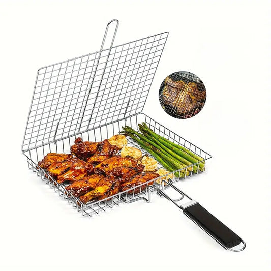Grille barbecue pliable avec manche – Panier de cuisson en acier inoxydable pour viande, poisson et légumes