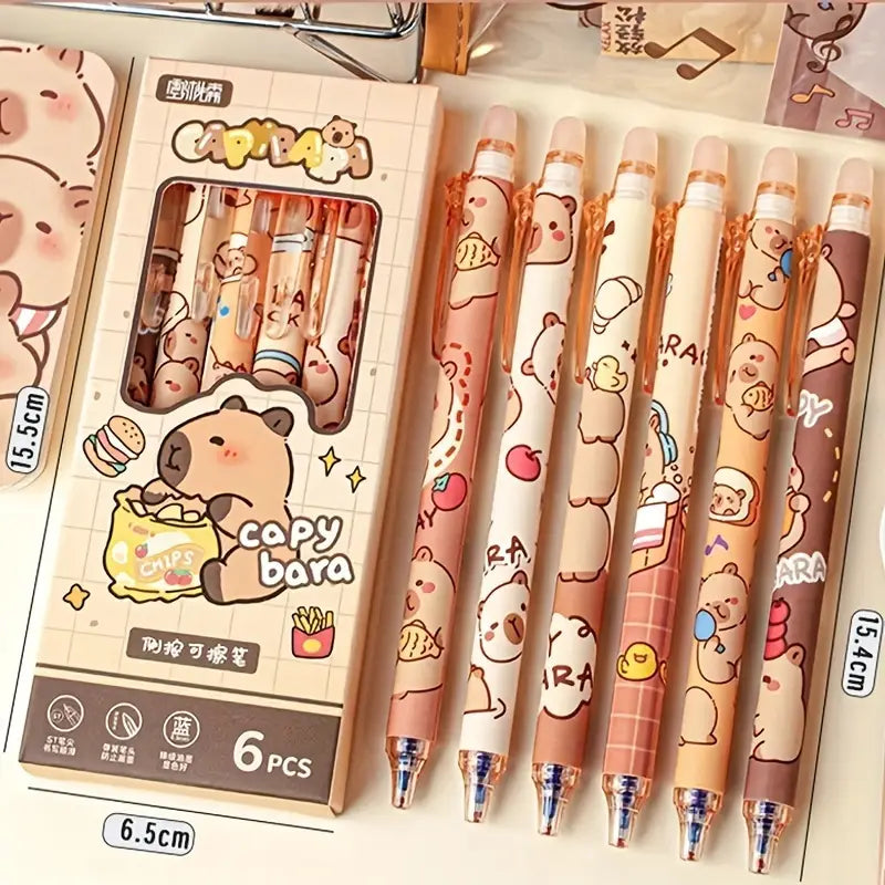 Set de 6 stylos gel Capybara – Stylos mignons à encre noire pour l’écriture, dessin et prise de notes
