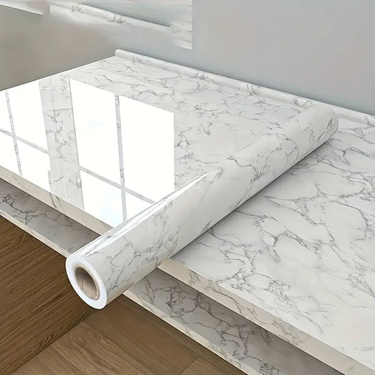 Papier Peint Adhésif Effet Marbre Blanc – Rouleau Étanche pour Cuisine, Salle de Bain et Meubles