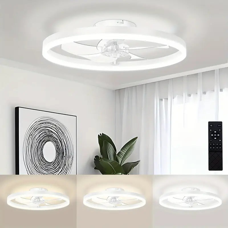 Ventilateur de Plafond LED Moderne avec Lumière Anneau et Télécommande – Silencieux, 3 Couleurs d’Éclairage