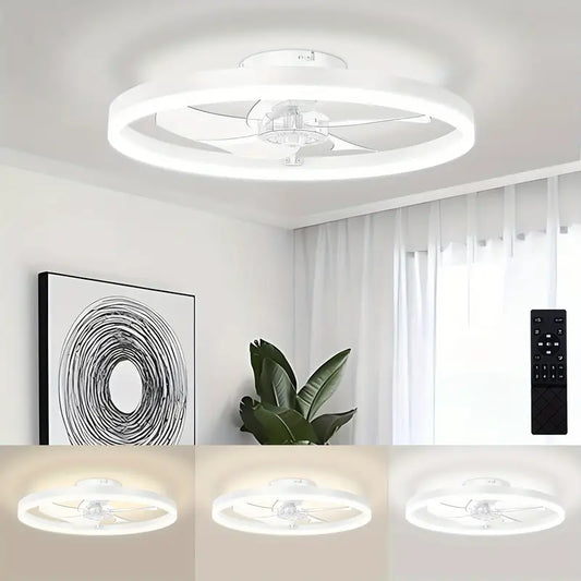 Ventilateur de Plafond LED Moderne avec Lumière Anneau et Télécommande – Silencieux, 3 Couleurs d’Éclairage