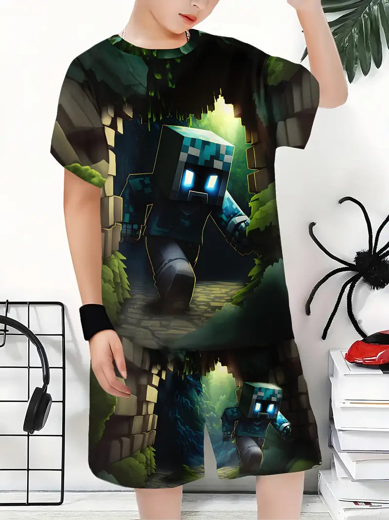 Ensemble garçon été bleu avec chemise imprimé héros pixel – T-shirt et short confortables