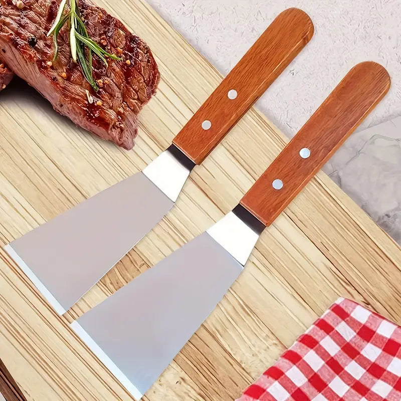 Spatule de Cuisine et Barbecue en Acier Inoxydable avec Manche en Bois – Outil de Cuisson pour Grillades et Plancha