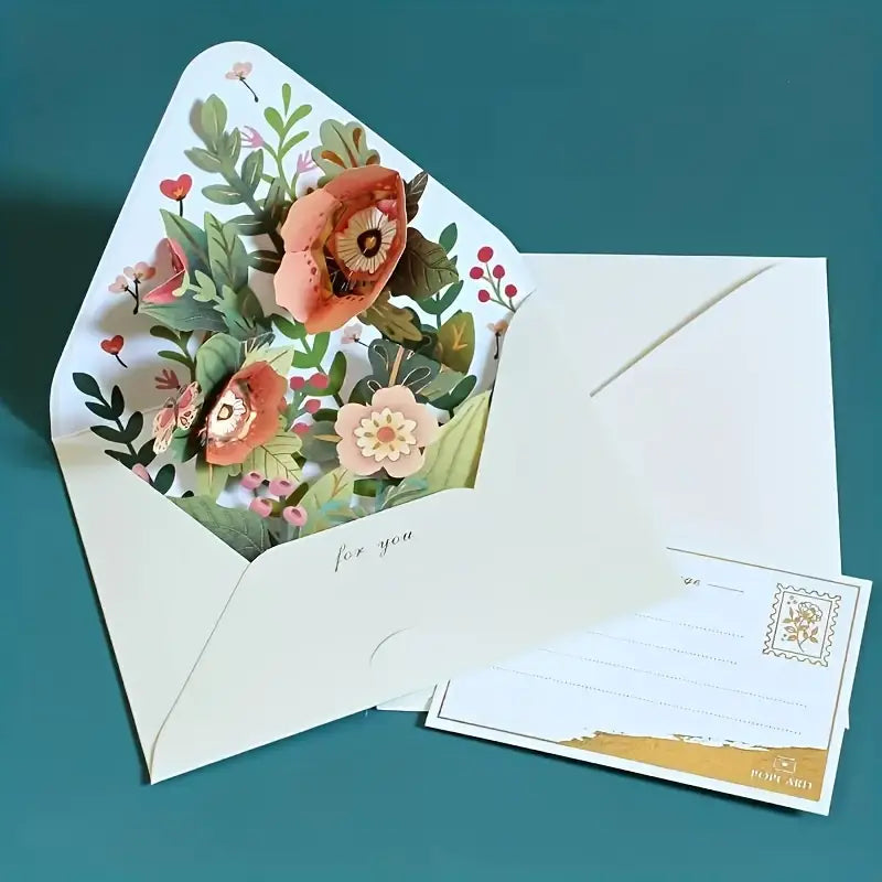 Carte de Vœux Pop-Up Fleurie avec Chat Porte-Bonheur – Carte Postale 3D pour Toutes Occasions