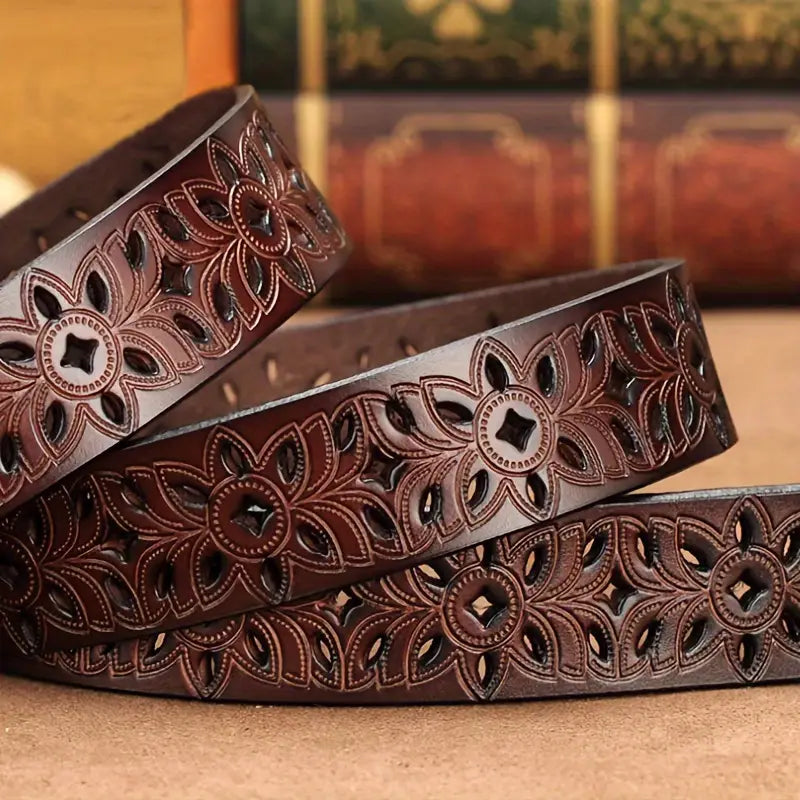 Ceinture femme en cuir rouge gravé fleurs – Élégante et ajustable 115 cm avec boucle métal