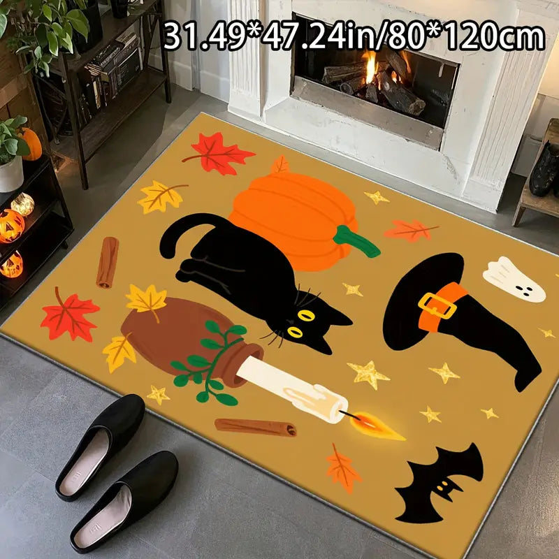 Tapis Halloween Citrouille et Chat Noir – Décoration Effrayante pour Salon, Entrée et Fête