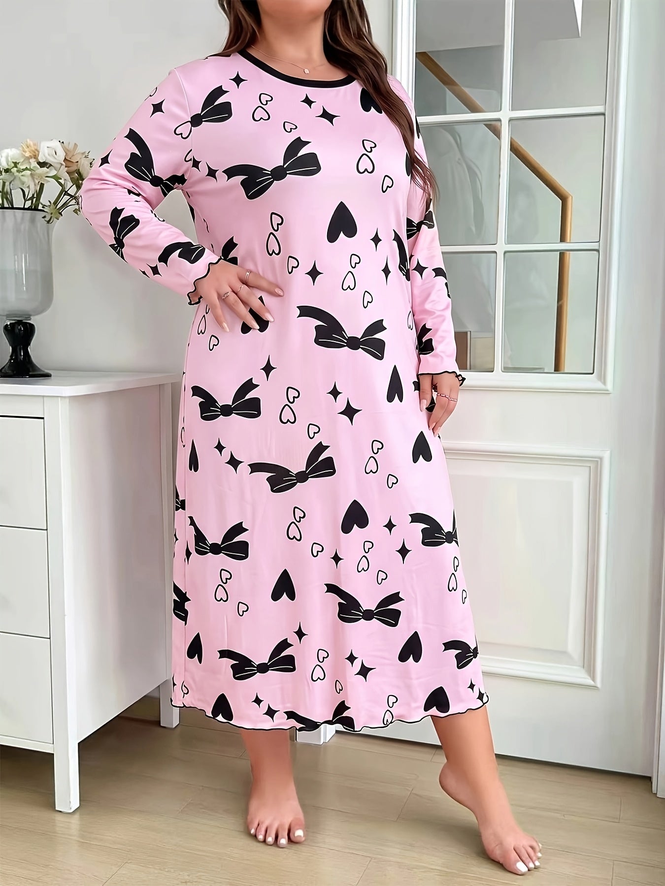 Chemise de Nuit à Manches Longues Automne/Hiver avec Imprimé Nœud Rose