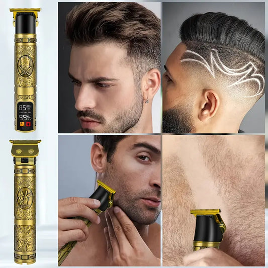 Tondeuse de Précision Électrique Or – Coupe Cheveux & Barbe, Écran Digital LCD, 6 Sabots, Recharge USB, Style Vintage