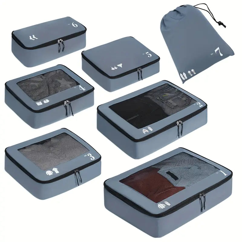 Set de 7 Organisateurs de Valise – Pochettes de Rangement Voyage Étanches pour Vêtements, Chaussures et Accessoires