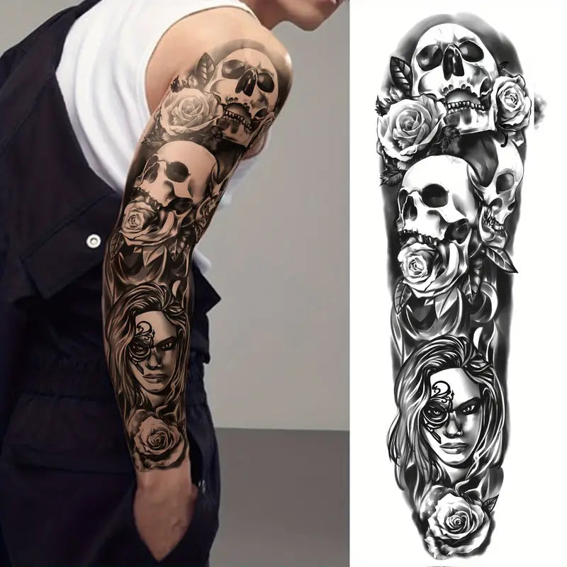 Tatouages Temporaires Bras Complet – Lot de 10 Manches Tattoo Réalistes Noirs & Gris | Effet 3D, Waterproof & Longue Durée – Style Crâne, Horloge, Aigle, Guerrier
