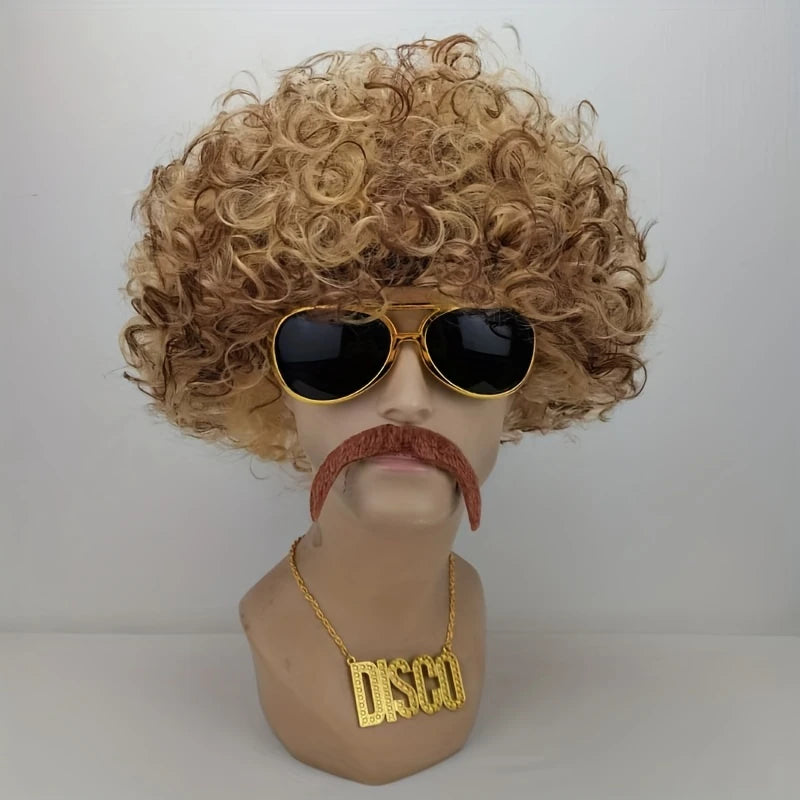 Kit Perruque Homme Disco Années 70 – Afro Bouclé Blond/Noir, Lunettes, Moustache & Collier Doré