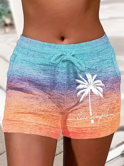 Short de Plage Femme Dégradé Sunset – Taille Élastique, Palmier & Message "Live Simply"