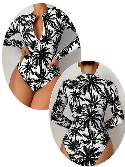 Maillot de Bain Rashguard Femme Longsleeve – Imprimé Palmiers Noirs et Blancs, Fermeture Éclair Frontale
