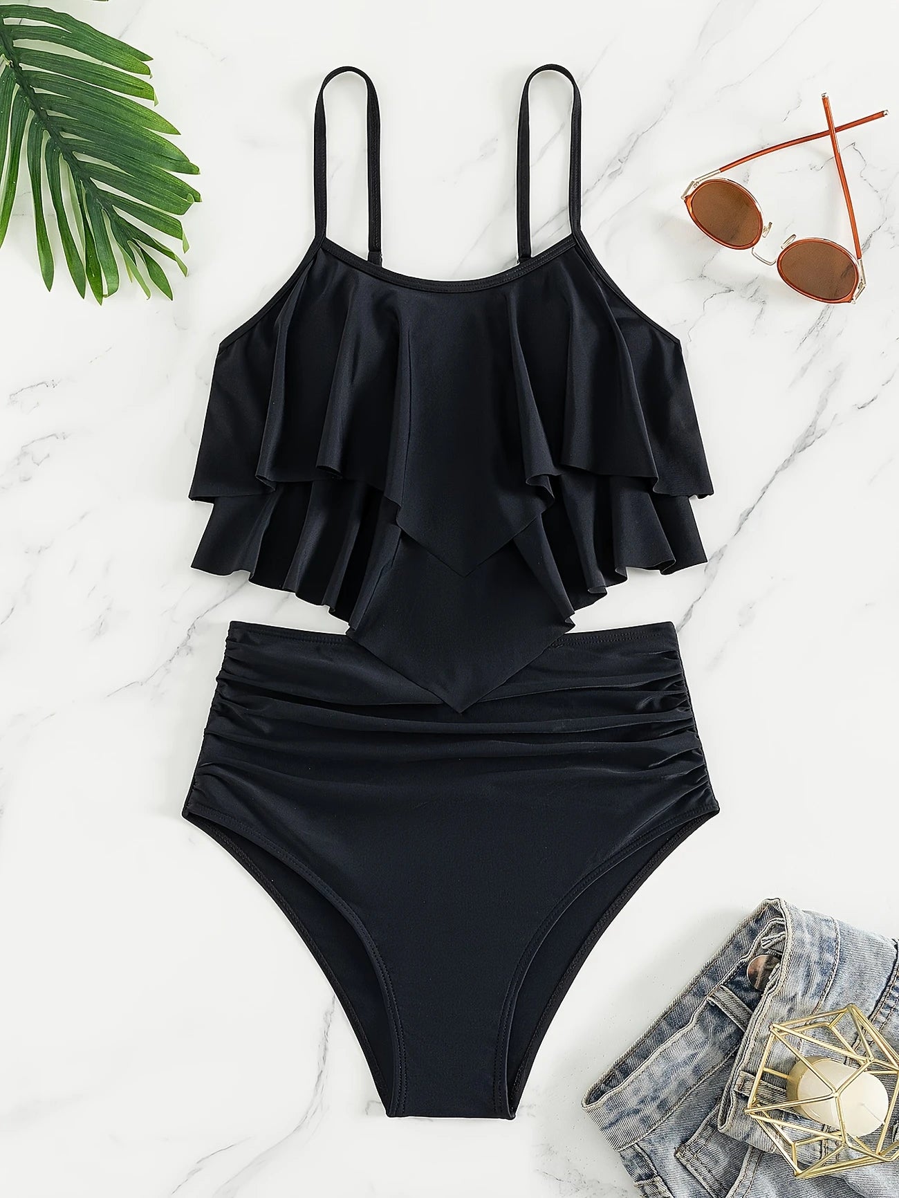 Ensemble de plage noir femme – Bikini à volants et taille haute sculptante