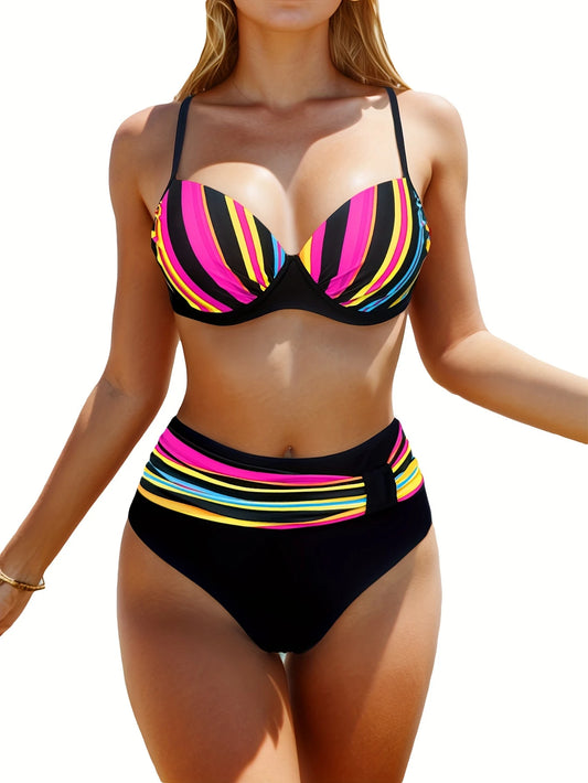 Bas de bikini taille haute gainant – Rayures multicolores et ceinture effet ventre plat pour silhouette affinée