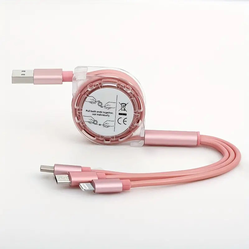 Câble 3-en-1 Rétractable Rose – USB vers Lightning, Type-C et Micro USB – Charge Rapide et Compact pour Tous Appareils
