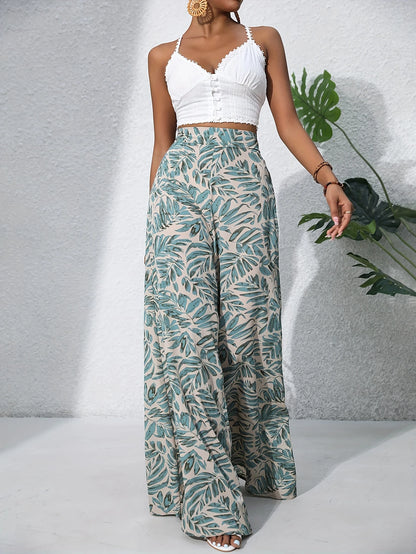 Pantalon fluide imprimé feuilles tropicales – Taille haute et coupe large ultra confortable