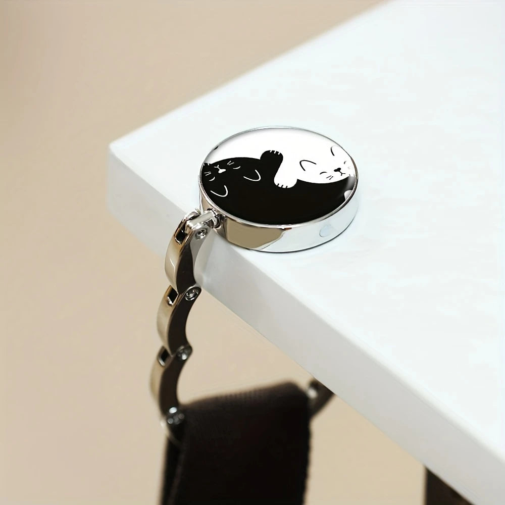 Crochet de Table Pliable pour Sac à Main – Design Chats Yin Yang, Compact et Antidérapant