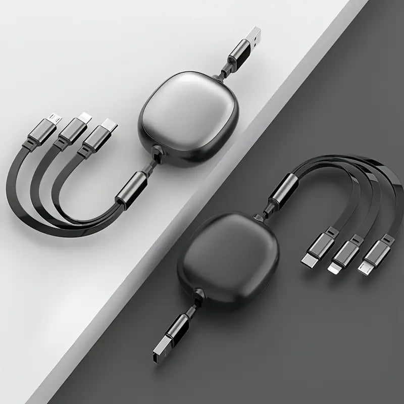 Câble de Charge 4-en-1 Universel Rétractable – USB vers Type-C, Micro USB et Lightning – Design Compact et Élégant