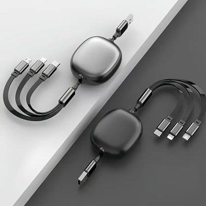 Câble de Charge 4-en-1 Universel Rétractable – USB vers Type-C, Micro USB et Lightning – Design Compact et Élégant