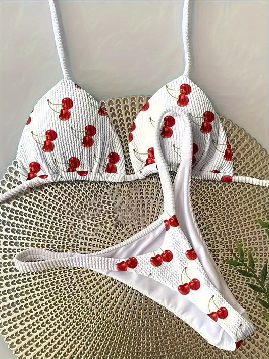 Bas de Bikini Femme à Imprimé Cerises – Taille Basse Froncée, Style Fruité et Sexy pour l’Été