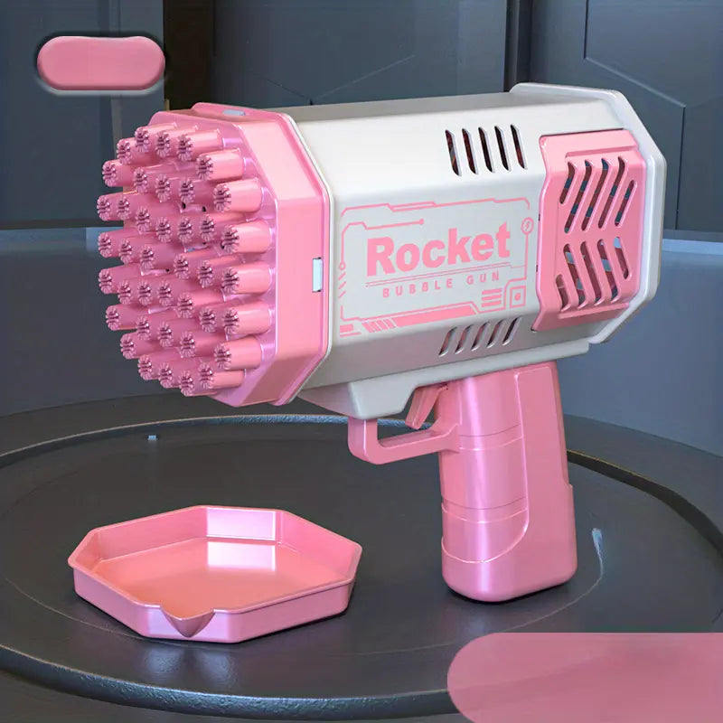 Pistolet à Bulles Électrique Rocket – 40 Trous, Lumières LED, Design Rose et Jaune – Jouet Amusant pour Enfants & Fêtes