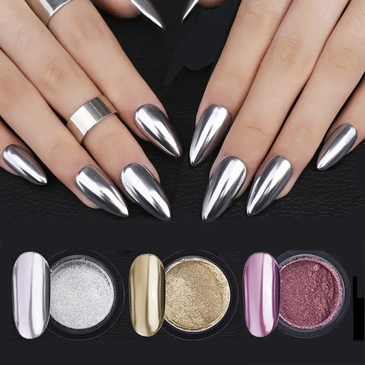 Vernis en Poudre Effet Chrome Métallisé – Argent, Or et Rose pour Ongles Ultra Brillants