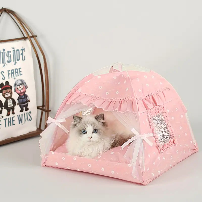 Tente Lit pour Chat en Tissu Rose avec Voilage – Maison Douillette et Respirante pour Animaux de Compagnie