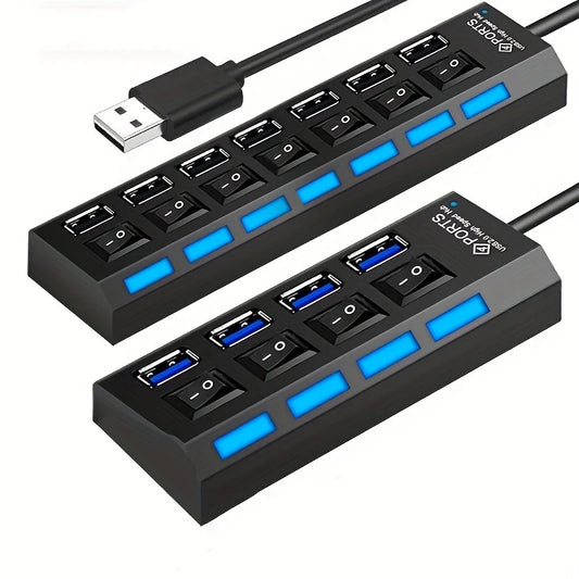 Hub USB 4/7 Ports avec Interrupteurs Individuels – Multiprise USB 2.0/3.0 Haute Vitesse pour PC, Ordinateur Portable et Périphériques