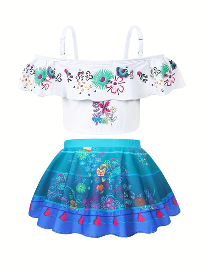 Maillot de bain deux pièces fille – Haut à volants bohème et jupe imprimée avec nœud