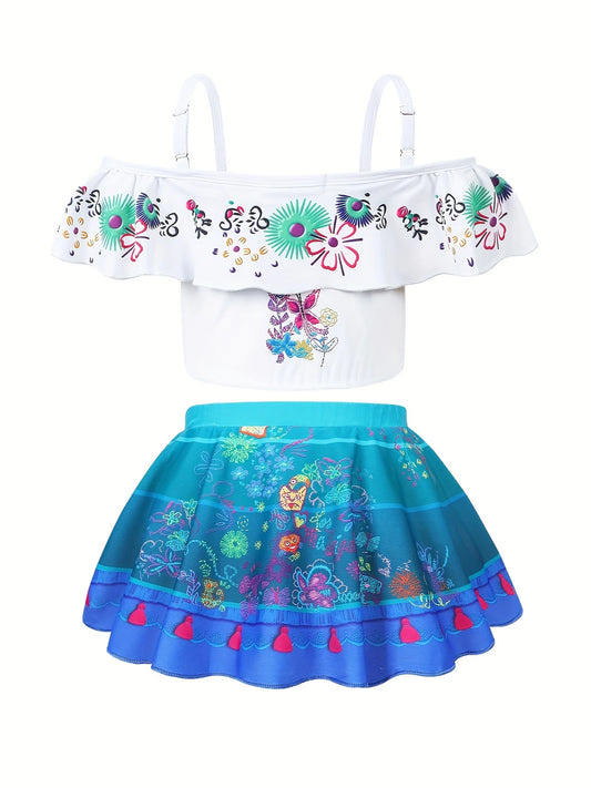 Maillot de bain deux pièces fille – Haut à volants bohème et jupe imprimée avec nœud