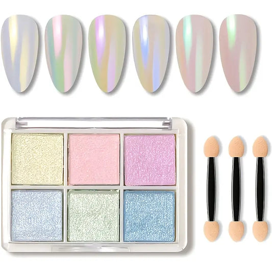 Kit Vernis en Poudre Effet Chrome Sirène – 6 Couleurs Pastel Irisées + Applicateurs