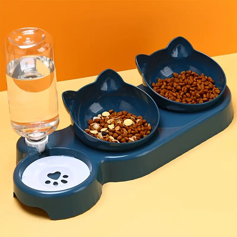Gamelle 3-en-1 pour Chat ou Petit Chien – Double Bol en Forme de Tête + Distributeur d’Eau Automatique