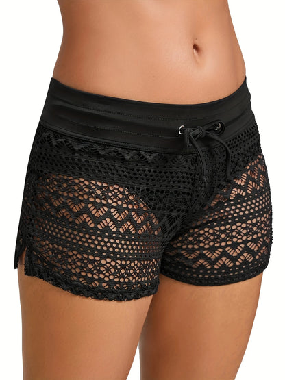 Short de Plage Femme en Crochet Noir – Taille Élastique à Nouer, Look Bohème Chic & Aéré