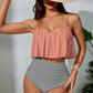 Bikini deux pièces femme – Haut à volants vert kaki/Rose & culotte taille haute rayée
