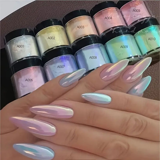 Vernis en Poudre Effet Miroir Nacré – 10 Teintes Chromées Pastel pour Ongles Brillants