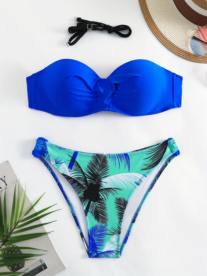 Ensemble Bikini Bandeau Bleu Électrique & Bas Imprimé Tropical – Bretelles Amovibles Incluses