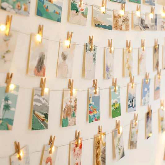 Guirlande lumineuse à pinces bois – Décoration murale photo chaleureuse et naturelle