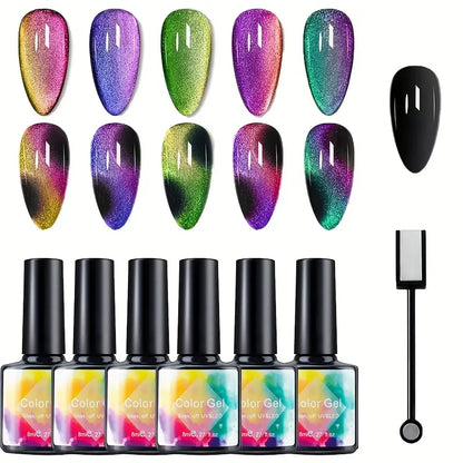 Ensemble 6 Vernis Gel Cat Eye Magnétique – Effet Œil de Chat 9D Holographique UV/LED, 8ml + Aimant Inclus
