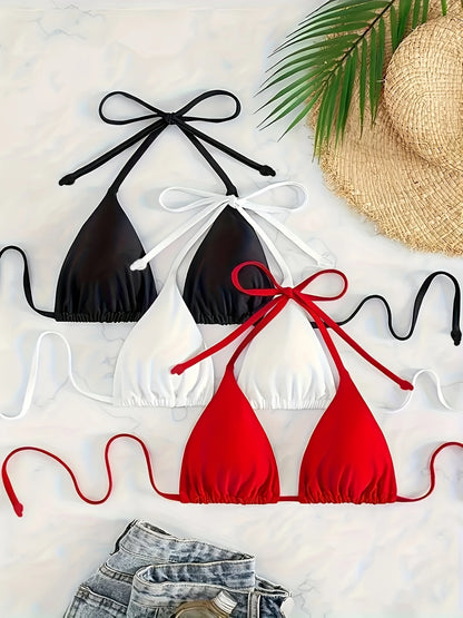 Haut de Bikini Femme Triangle – Lot de Basiques Indémodables à Nouer (Noir, Blanc, Rouge)