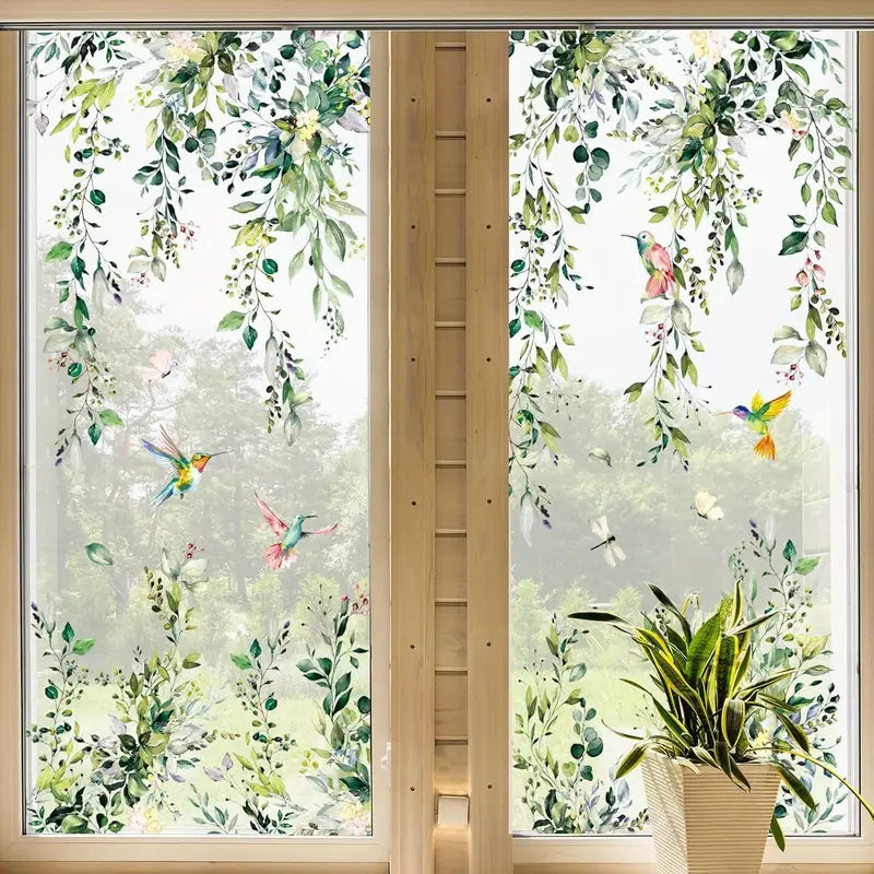 Stickers Électrostatiques pour Fenêtres – Motif Nature Feuillage et Colibris | Décoration Apaisante pour Classe