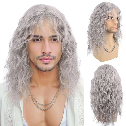 Perruque Homme Longue Ondulée avec Frange – Cheveux Synthétiques Naturels pour Déguisement ou Look Rock