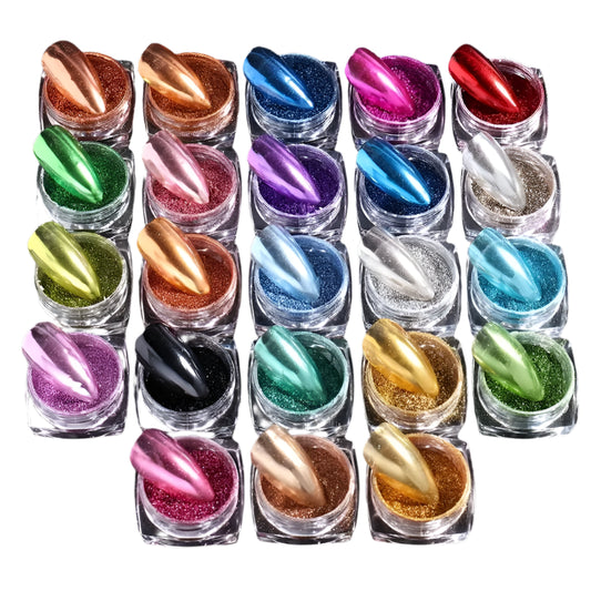 Vernis en Poudre Effet Chrome Miroir – 24 Couleurs Éclatantes pour Ongles Nail Art, Manucure Brillante et Longue Tenue