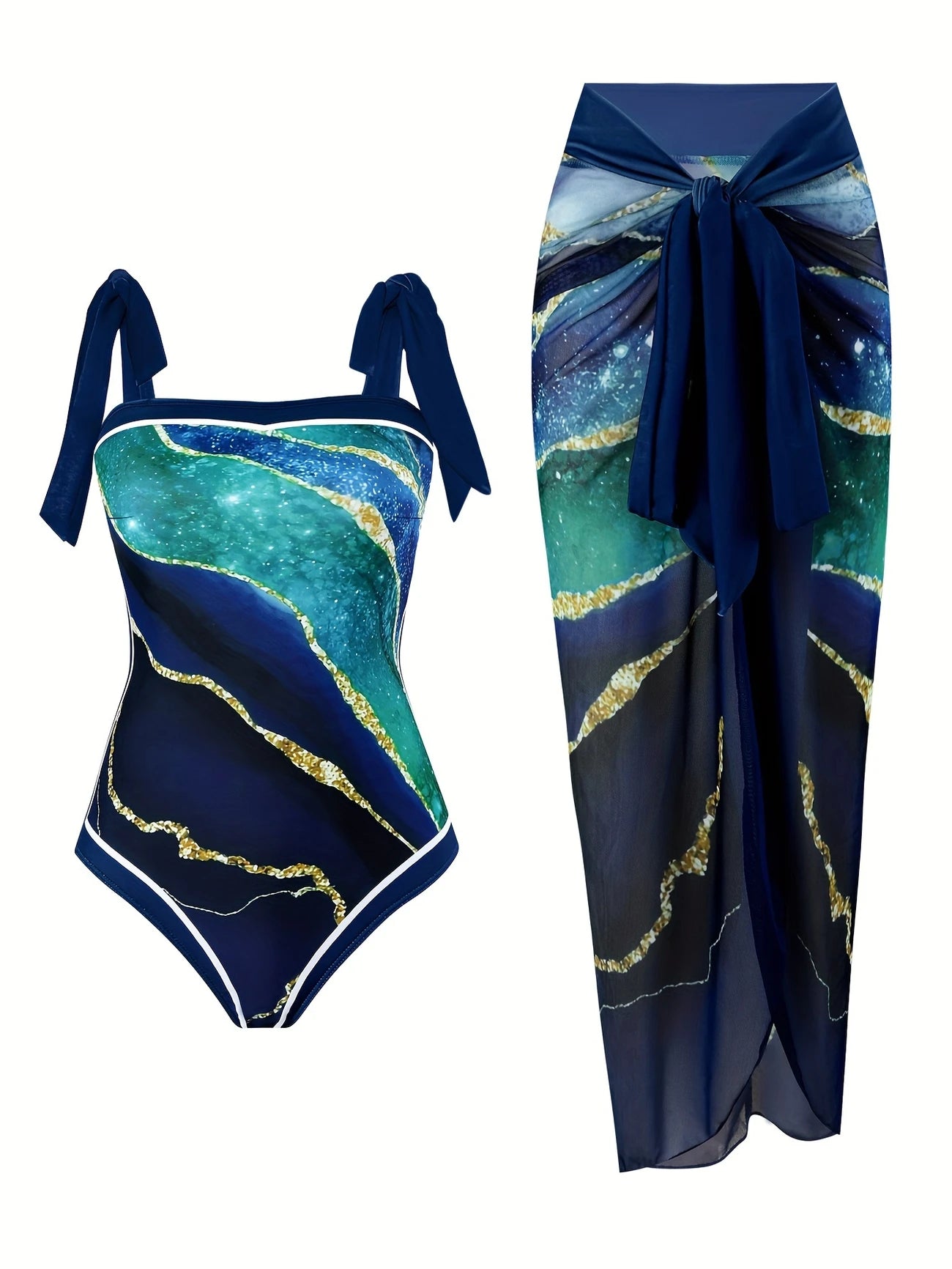 Tankini femme chic imprimé marbre bleu avec paréo assorti – Élégance et confort à la plage